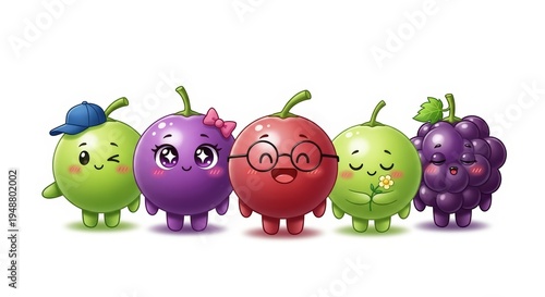 Five cute cartoon fruits with expressive faces and unique accessories standing in a row.