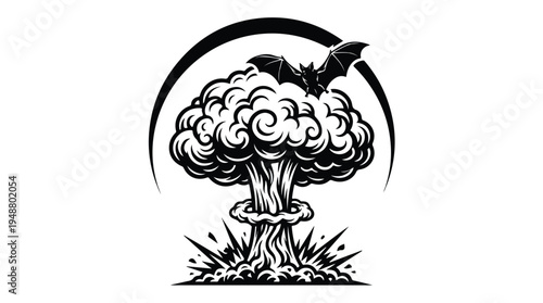 Bat Flying Over Nuclear Explosion Mushroom Cloud Silhouette.