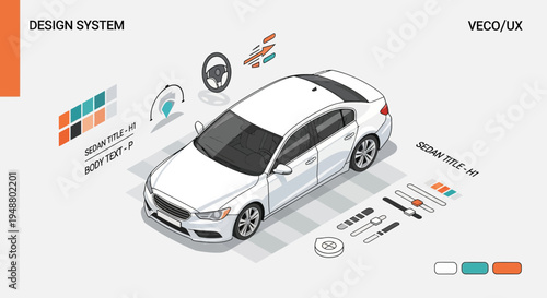 Isometric illustration of white sedan car with design elements for ux ui