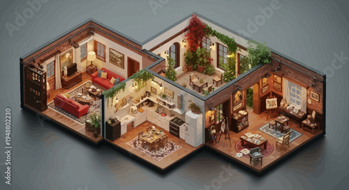 Isometric view of a house interior with various rooms and detailed design