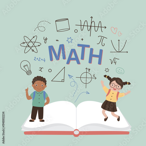 Happy smart boy and girl jumps on workbook with math equations. Genius multiethnic student characters with various mathematical graphs, numbers. Geometric, algebra lessons.