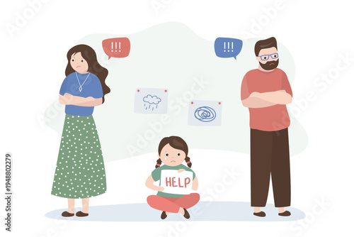 Father and mother not talking, conflict. Angry parents and little scared kid. Unhappy girl with placard - HELP. Kid need psychological support. Toxic relationship in family.