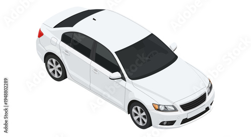 Isometric view of a modern white sedan vehicle isolated on a white background