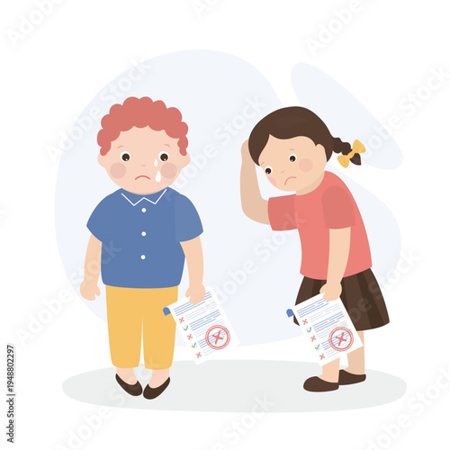 Dejected student boy and girl reveals F test results. Frowning expression, portraying disappointment and academic struggle in school. Cartoon male and female kid characters