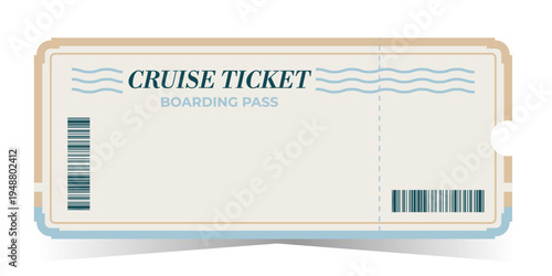 Cruise ticket template with barcode. Boarding pass ticket design for sea travel, summer vacation and nautical voyage. Vector illustration