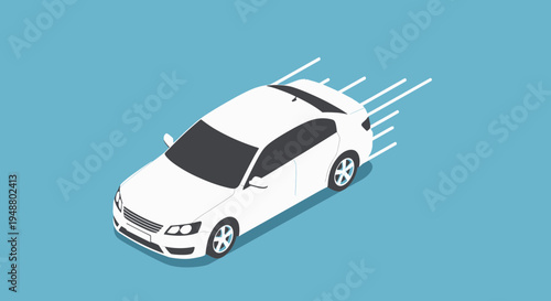 Isometric white car speeding on blue background transportation concept