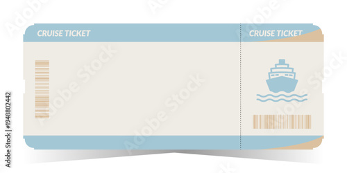 Cruise ticket template with barcode and ship icon. Boarding pass design for sea travel, summer vacation and marine tourism. Vector illustration