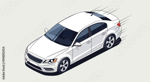 Isometric white sedan car speeding with motion effect on bright background