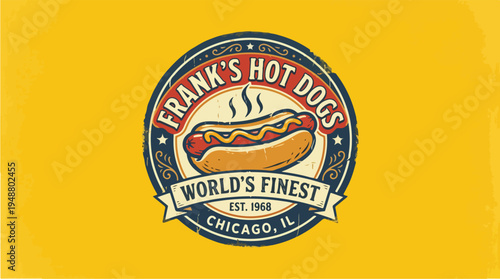 Franks Hot Dogs Worlds Finest Chicago IL Logo on Yellow Background.