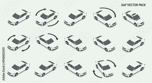 Isometric white sedan car vector pack for design and illustration projects