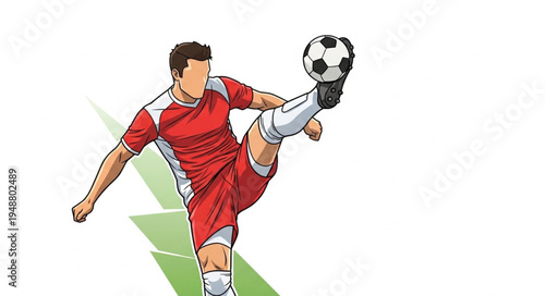 Soccer player kicking a ball during a match.