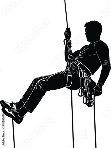 Rock climber silhouette rappelling with ropes isolated on white background, extreme sport mountain climbing man, outdoor adventure vector illustration collection.