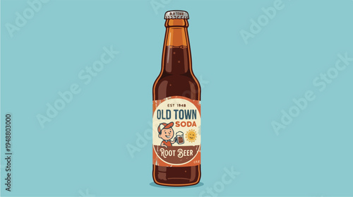 Old Town Root Beer Soda Bottle with Vintage Label on a Solid Blue Background.