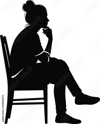 Seated person silhouette, thoughtful pose, modern chair, business attire, contemplation icon, professional figure, black and white illustration