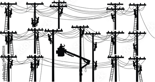 Silhouette Collection of Electricians and Linemen Working on Utility Poles with Power Lines, Ladders, and Bucket Truck for Electrical Infrastructure Service and Repair