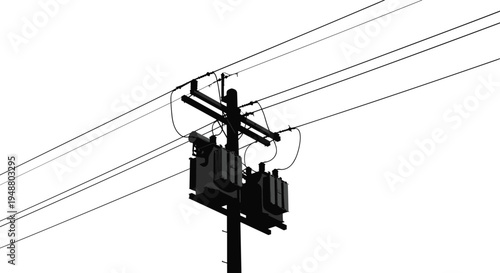 Silhouette of utility pole with electrical transformers, power lines, energy distribution system, electricity infrastructure, industrial network, urban technology, electrical grid connection
