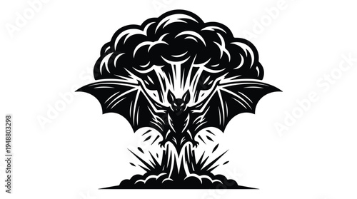 Scary Bat Emerging from Explosive Cloud Illustration.