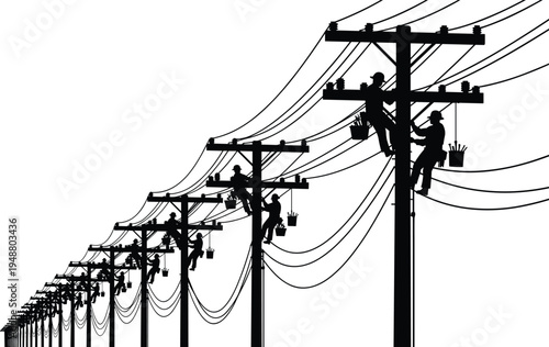 Silhouette of utility workers on poles, electrical maintenance, teamwork safety, energy infrastructure, electricity distribution, industrial technology, power lines, repair illustration