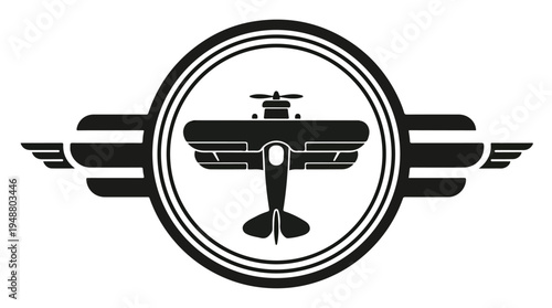 Vintage Biplane Emblem with Wings and Circular Frame.