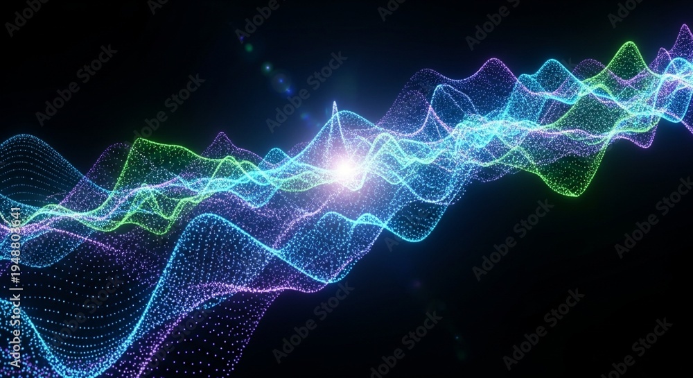 Fototapeta premium Iridescent Liquid Data Stream: Abstract Flowing Particles Representing AI and Digital Information in a Dark Ethereal Void