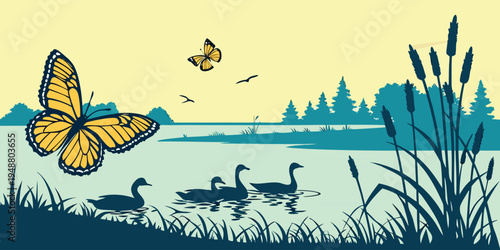 Vector summer landscape with birds and butterflies at the lake.