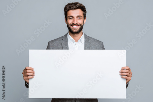 Businessman holding blank banner isolated on gray studio background