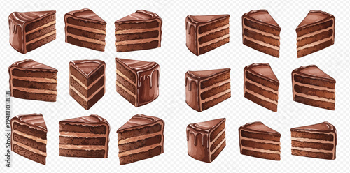 Collection of delicious chocolate cake slices with rich frosting and layers, perfect for dessert menus or sweet treat promotions.