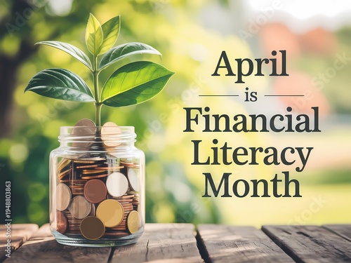 Coins in a jar with a small plant growing out of it on a wooden table for financial literacy month