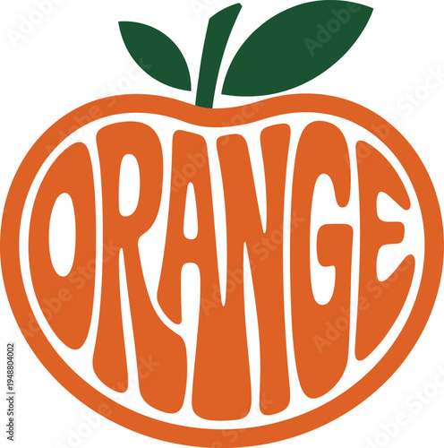 Bright and playful orange fruit illustration with the word orange inside