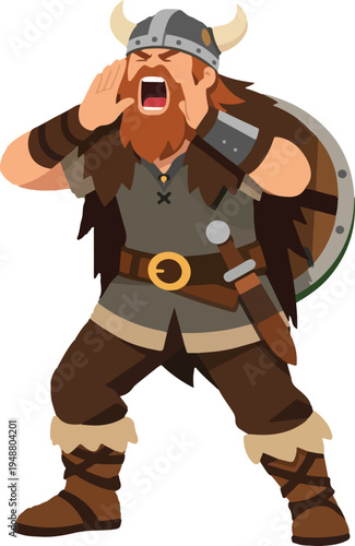Viking Warrior Calling Loudly Full Body Illustration featuring Fierce Norse Character in Traditional Armor for Fantasy and Historical Graphic Design
