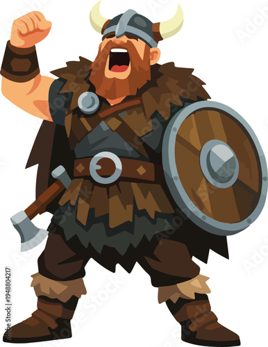Viking Warrior Shouting Battle Cry Full Body Illustration featuring Fierce Norse Character in Traditional Armor for Historical and Fantasy Graphic Design