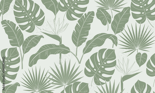 Sage green tropical leaf pattern, seamless monstera and palm frond wallpaper, elegant botanical foliage background in EPS format