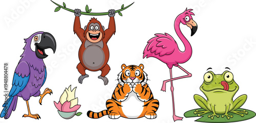 Cartoon Exotic Animals Illustration Set Featuring Parrot, Orangutan, Flamingo, Tiger, and Frog for Kids’ Designs, Educational, and Fun Graphics
