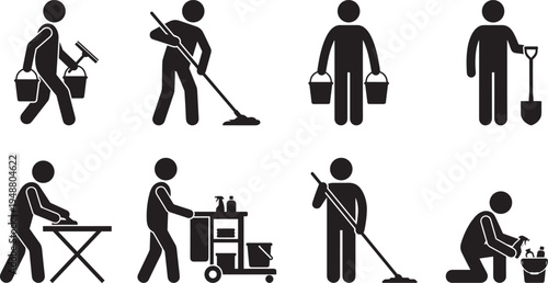 Cleaning service worker icons set, janitor housekeeping maintenance staff silhouette vector collection isolated