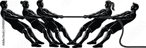 Tug-of-war silhouette, teamwork competition, group pulling rope, strength challenge, sports icon, physical effort, dynamic action, vector illustration design