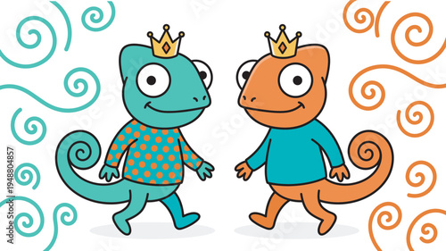 Cute, cartoon, chameleon, king, characters, colorful, reptile, mascot, funny, animal, vector, illustration, kids, design, playful, clipart