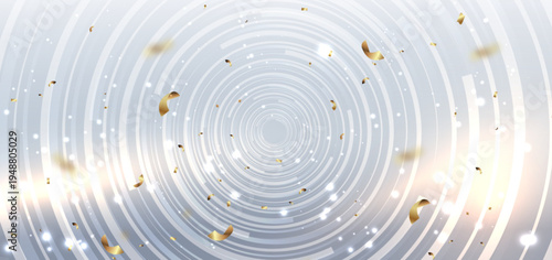 Elegant luxury background featuring soft white gradient with circles light rays and floating golden confetti pieces.
