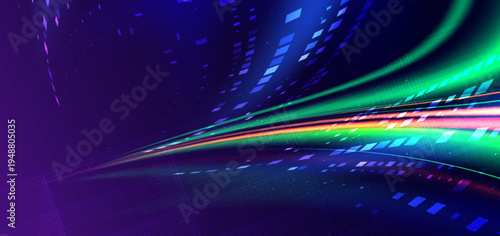 Colorful futuristic light streaks over digital grid background.
