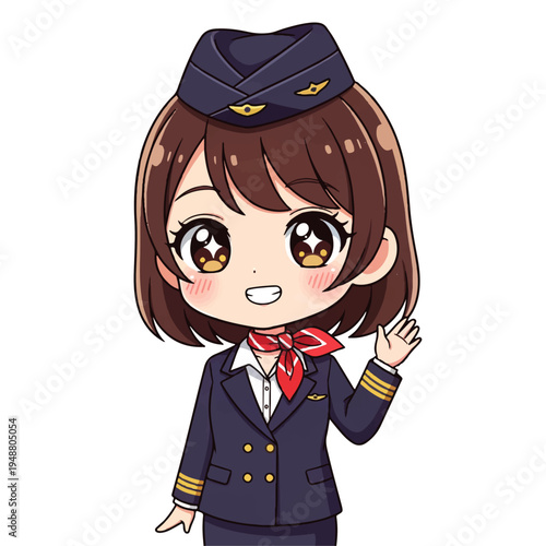 Cute chibi anime flight attendant character waving hello isolated on white background