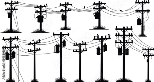 Utility poles silhouettes, electrical transformers, power lines with birds, energy distribution grid, industrial infrastructure, electricity system, vector illustration, black silhouette