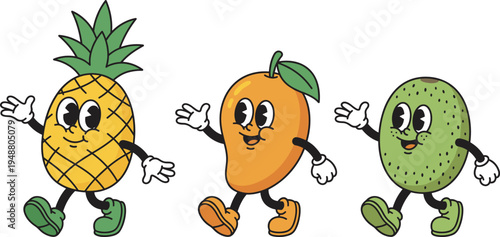 Cute, cartoon, fruit, characters, pineapple, mango, kiwi, smiling, mascot, tropical, food, vector, illustration, playful, kids, clipart