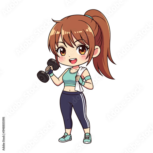 Cute chibi anime girl exercising with dumbbell isolated on white background