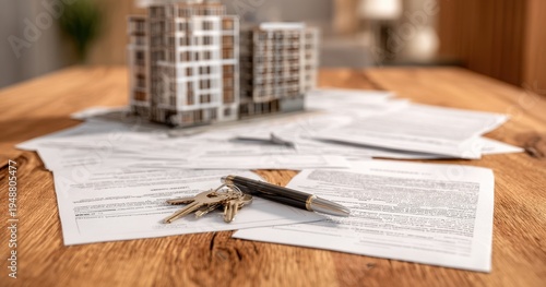 The Model Building Surrounded by Real Estate Contracts Keys and Pen on Table