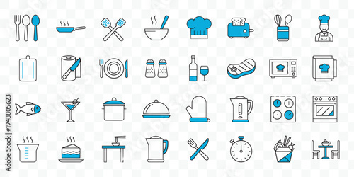 Culinary Kitchen Icons Set Food, Chef, Cooking Utensils and Restaurant Essentials. Modern Outline Vector Collection