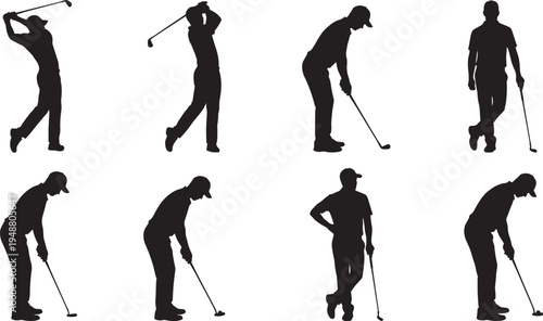 Golf, player, silhouettes, golfer, swing, putting, sports, athlete, competition, outdoor, vector, icons, set, black, collection, isolated