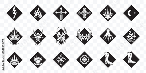Diverse Fantasy RPG Icons and Mystic Emblems Set. Warrior, Magic and Tribal Symbols in Black Rhombus Shape Vector Collection