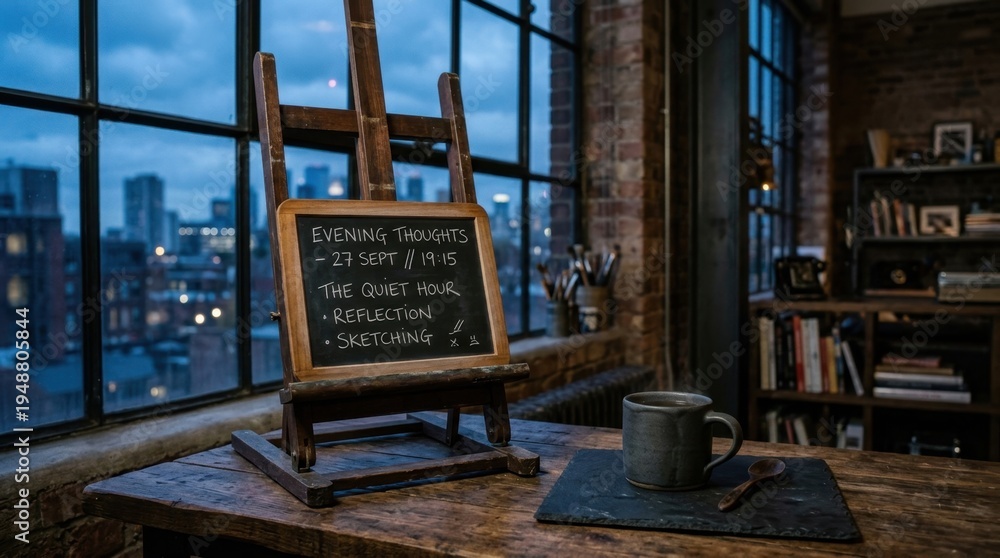 Fototapeta premium Chalkboard with evening thoughts and sketches on an easel beside a steaming mug of coffee in an urban loft studio