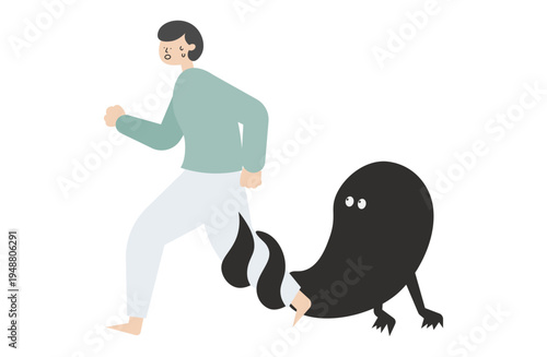 メンタルヘルスや心の葛藤をイメージした影に足を掴まれ必死に逃げる女性のイラスト