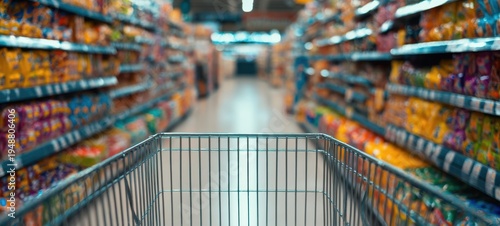 The Shopping Cart in an Aisle of a Busy Supermarket with Colorful Shelves
