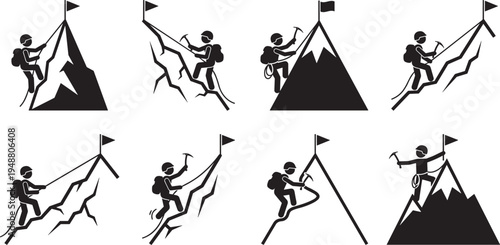 Mountain climbing adventure icons set, mountaineer climber reaching summit with rope and ice axe silhouettes